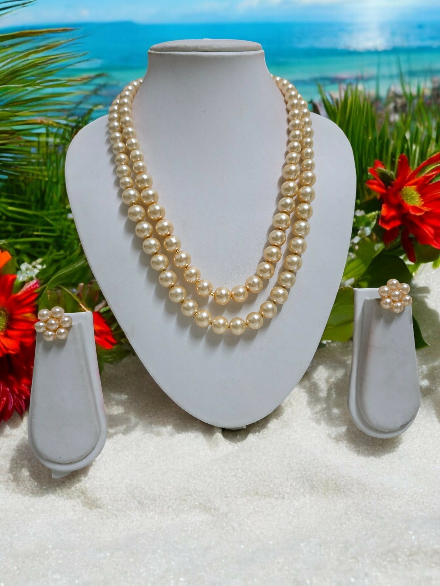 Inhanns Everyday Workwear Pearl Set (Double Layered Pearls) - Beige