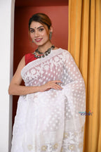 Very Much Indian Jamdhani Cotton Saree With Polka Dot Pallu - White - Distacart