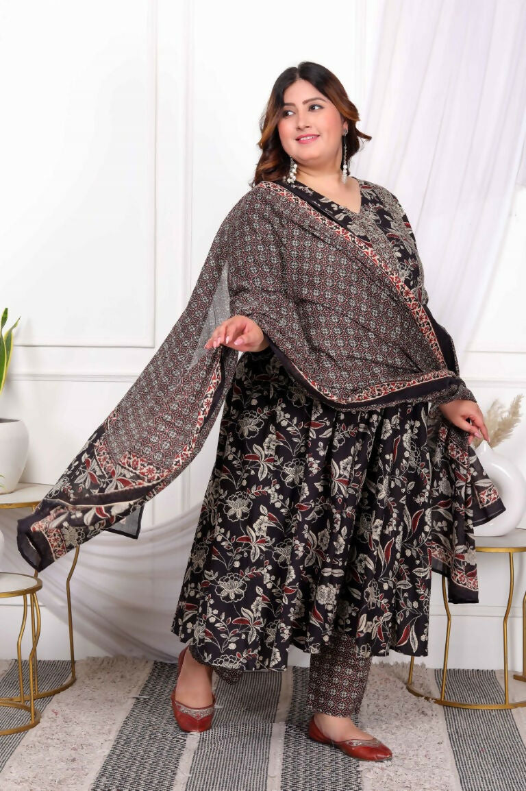 Miravan Women's Plus Size Embroidered Multi Anarkali Kurta with Palazzo and Dupatta Set