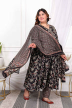 Miravan Women's Plus Size Embroidered Multi Anarkali Kurta with Palazzo and Dupatta Set