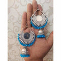 Chandbali Mirror Design Earrings With Blue Color Pearls And Jhumka Hangings