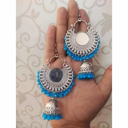 MS Fashion India Chandbali Mirror Design Earrings With Blue Color Pearls And Jhumka Hangings