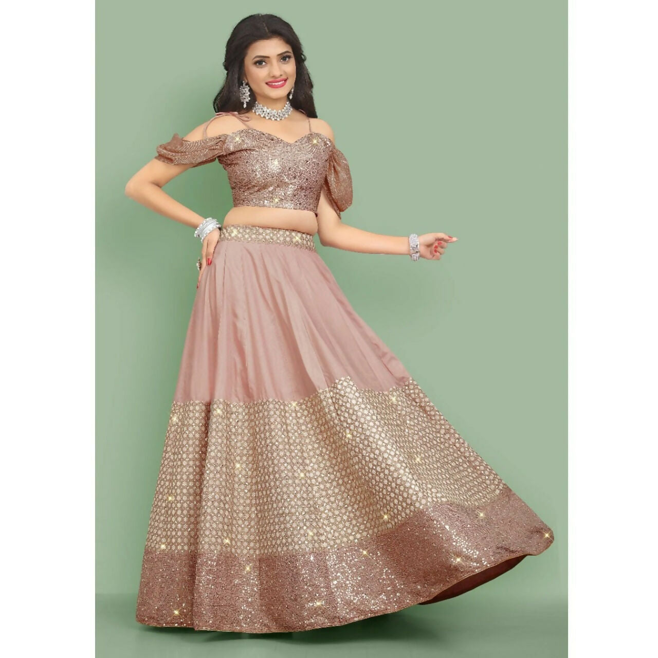 Jyoti Fashion Dusty Rose Pink Dori with Zari Thread Sequence Embroidery Cotton Silk Lehenga Choli with Dupatta