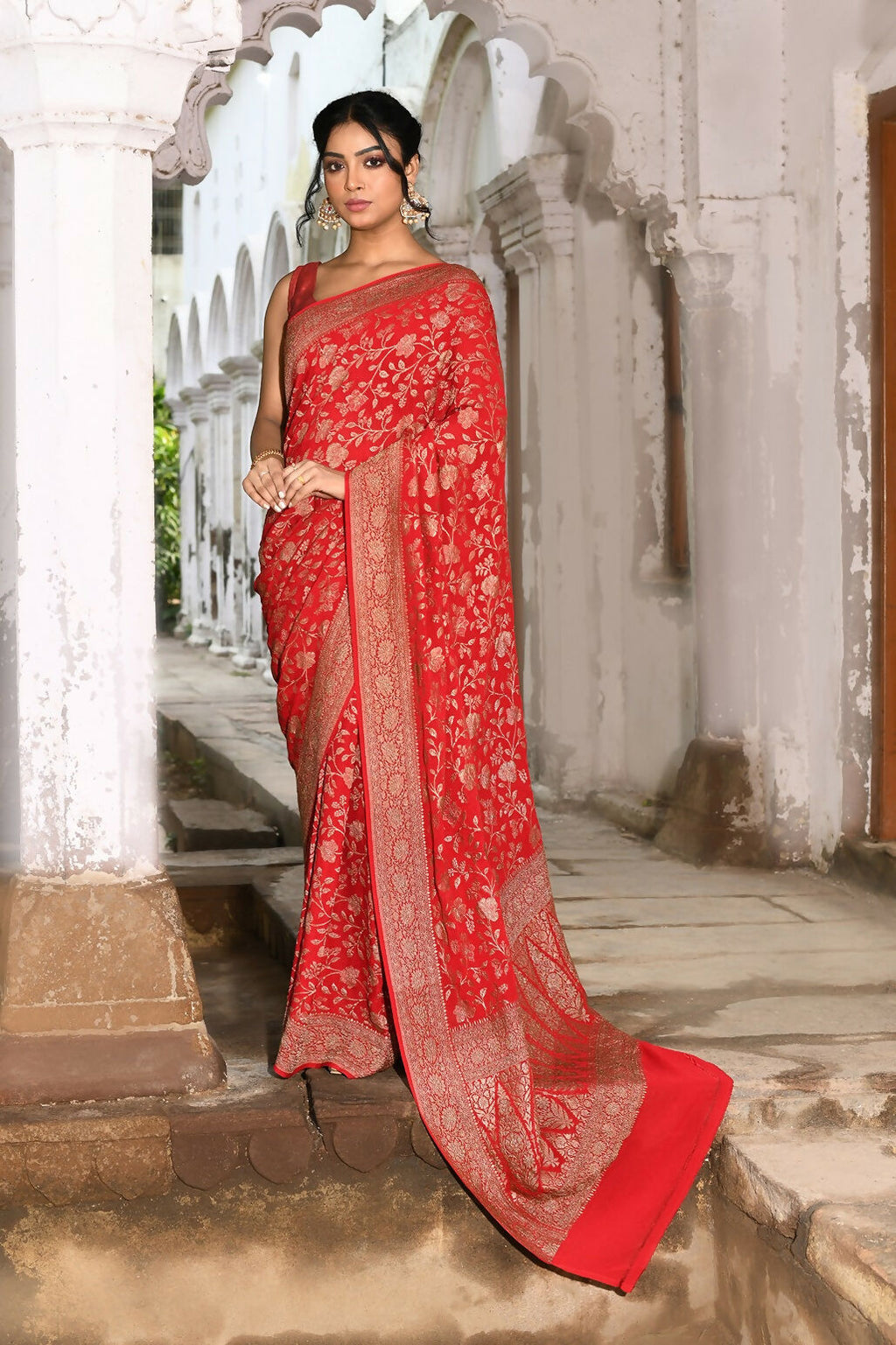 Joban Fashion Red Crepe Chiffon Banarasi Pure Handloom Banarasi Silk Saree