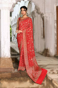 Joban Fashion Red Crepe Chiffon Banarasi Pure Handloom Banarasi Silk Saree