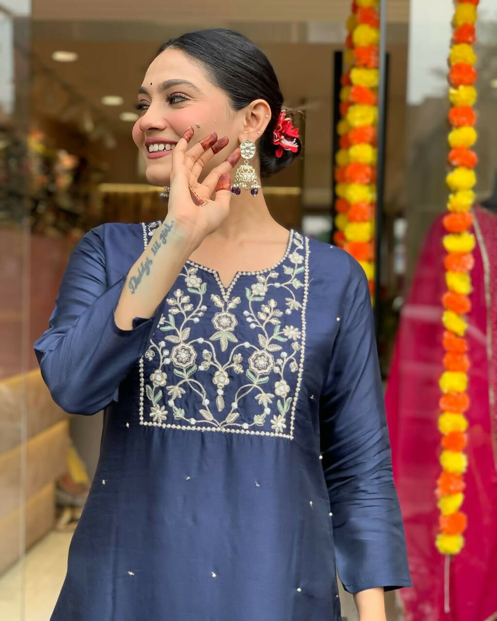 The52 Navy Blue Women's Beautiful Viscose Chanderi Fabric Embroidered Work Straight Kurta Pant and Dupatta Set - Distacart