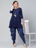 Ahalyaa Women Navy Blue Rayon Floral Empire Kurti with Dhoti Pants - Distacart