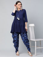 Ahalyaa Women Navy Blue Rayon Floral Empire Kurti with Dhoti Pants - Distacart