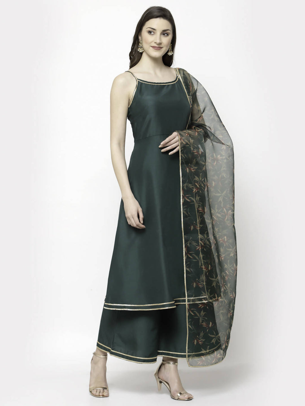 Myshka Dark Green Silk Blend Solid Sleeveless Round Neck Kurta Palazzo Dupatta Set