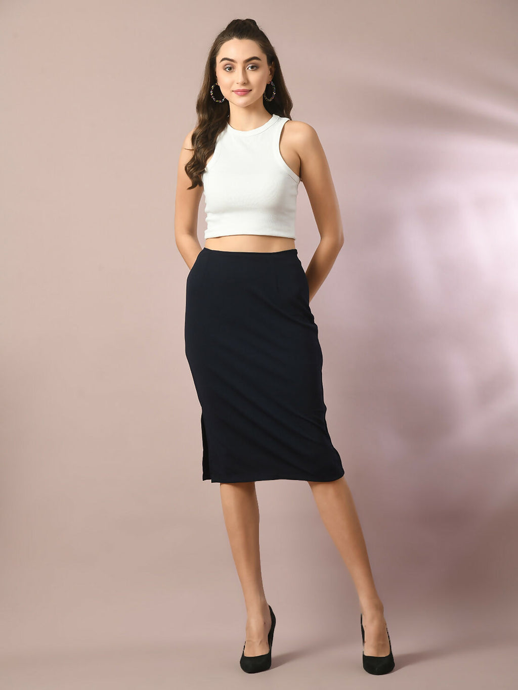 Myshka Women's Blue Solid Knee Length Party Embellished Skirts