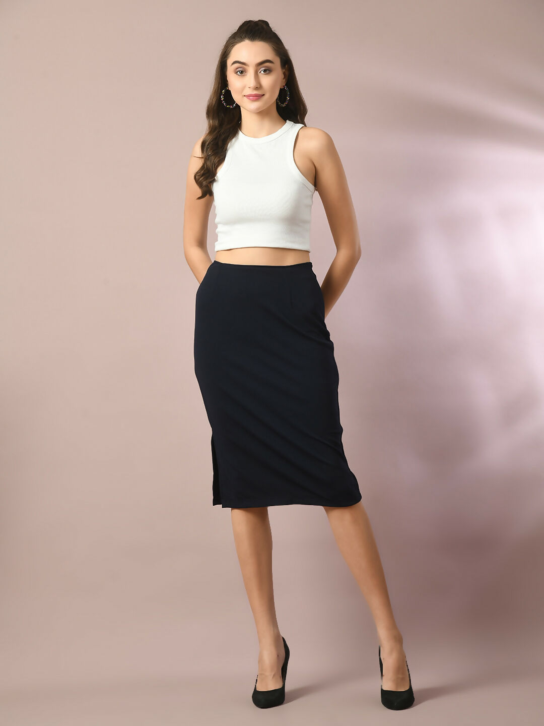 Myshka Women's Blue Solid Knee Length Party Embellished Skirts