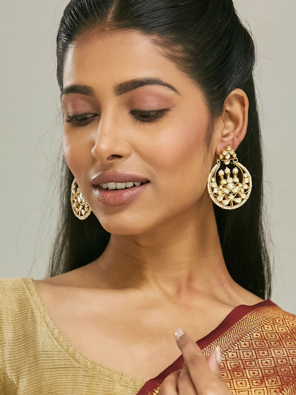 Nuyug 22K Gold-Plated Elegant Kundan Stone Studded & Pearl Beaded Chandbalis - Distacart
