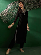 Sangria Ethnic Motifs Yoke Design Sequinned V-Neck Straight Kurta With Trouser & Dupatta