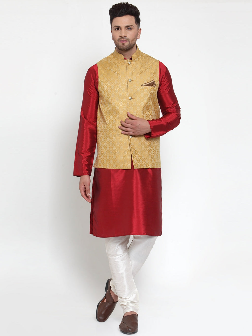 Jompers Men's Beautiful Gold Woven Jacquard Nehru Jacket