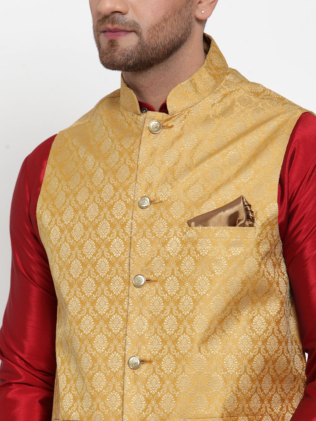 Jompers Men's Beautiful Gold Woven Jacquard Nehru Jacket
