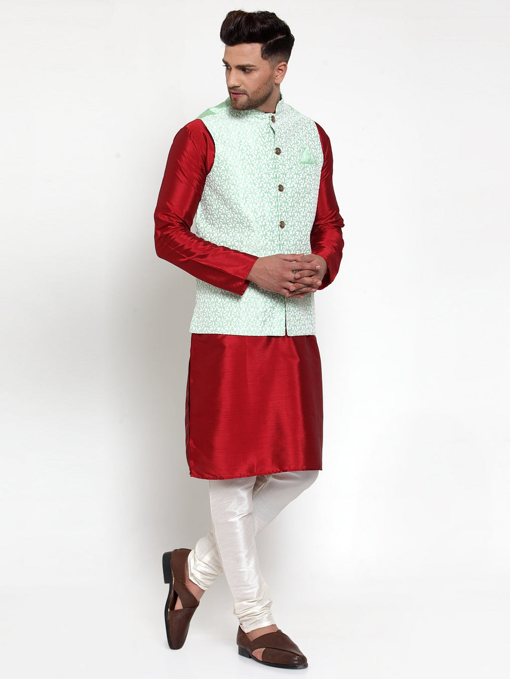 Jompers Men's Green Embroidered Nehru Jacket