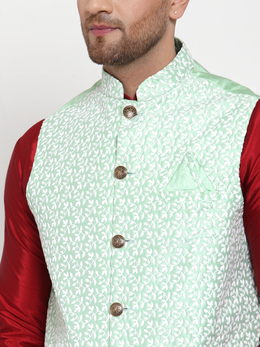 Jompers Men's Green Embroidered Nehru Jacket