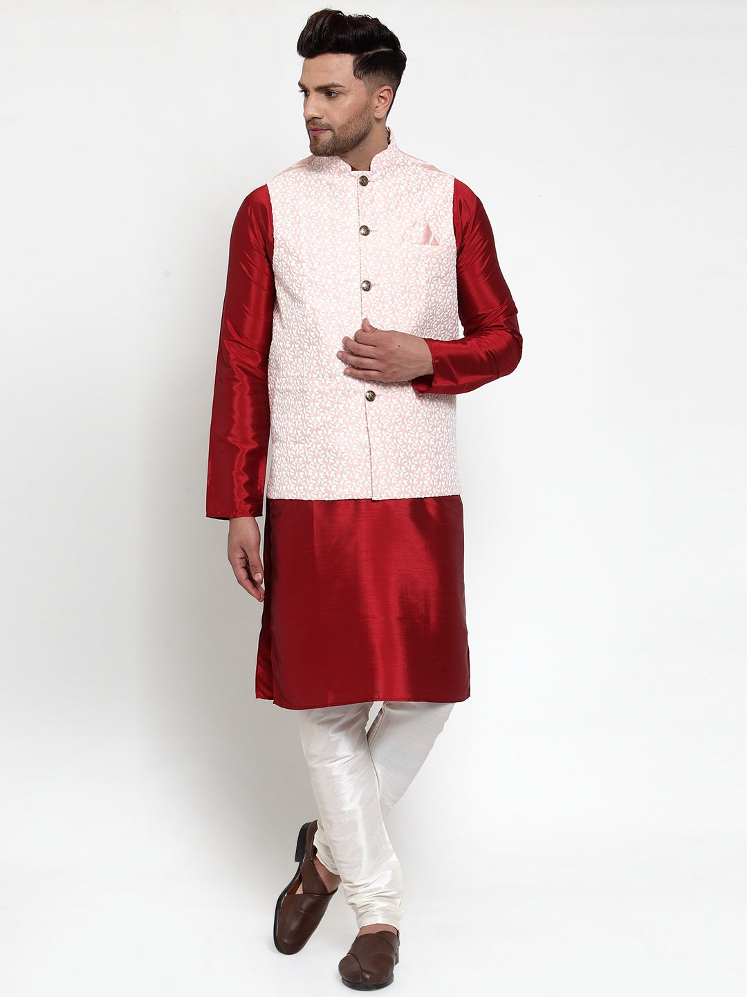 Jompers Men's Beautiful Pink Embroidered Nehru Jacket