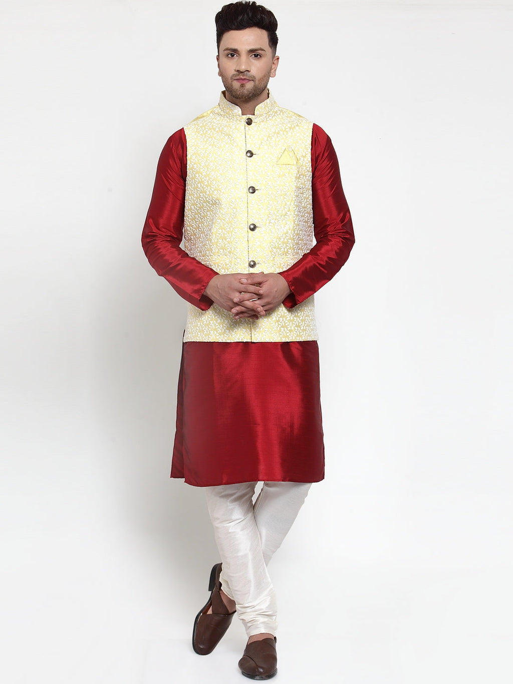 Jompers Men's Yellow Embroidered Nehru Jacket