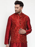 Jompers Men's Maroon Embroidered Nehru Jacket