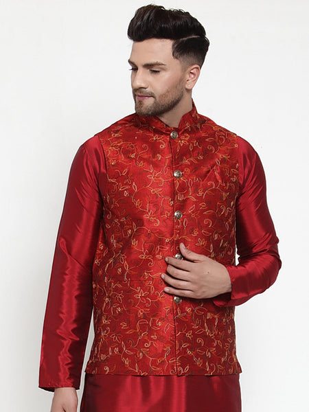 Jompers Men's Maroon Embroidered Nehru Jacket