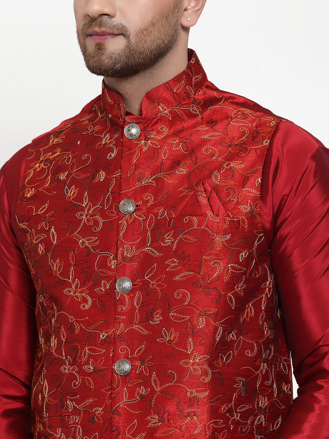 Jompers Men's Maroon Embroidered Nehru Jacket