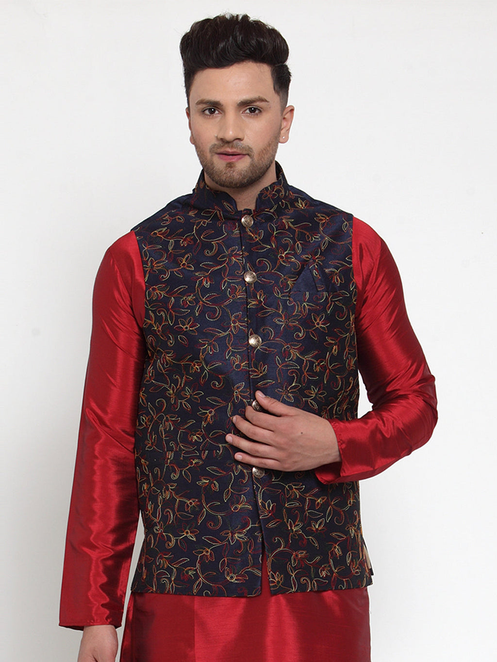 Jompers Men's Navy Embroidered Nehru Jacket