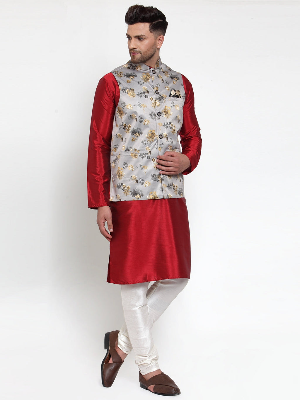 Jompers Men's Grey Printed Nehru Jacket