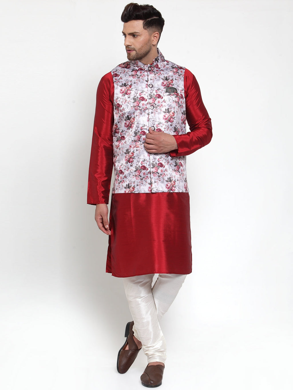 Jompers Men's Silver Printed Nehru Jacket