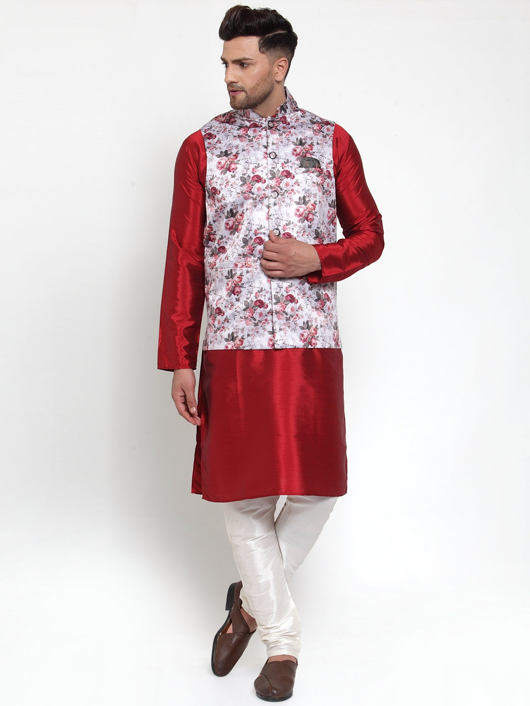 Jompers Men's Silver Printed Nehru Jacket