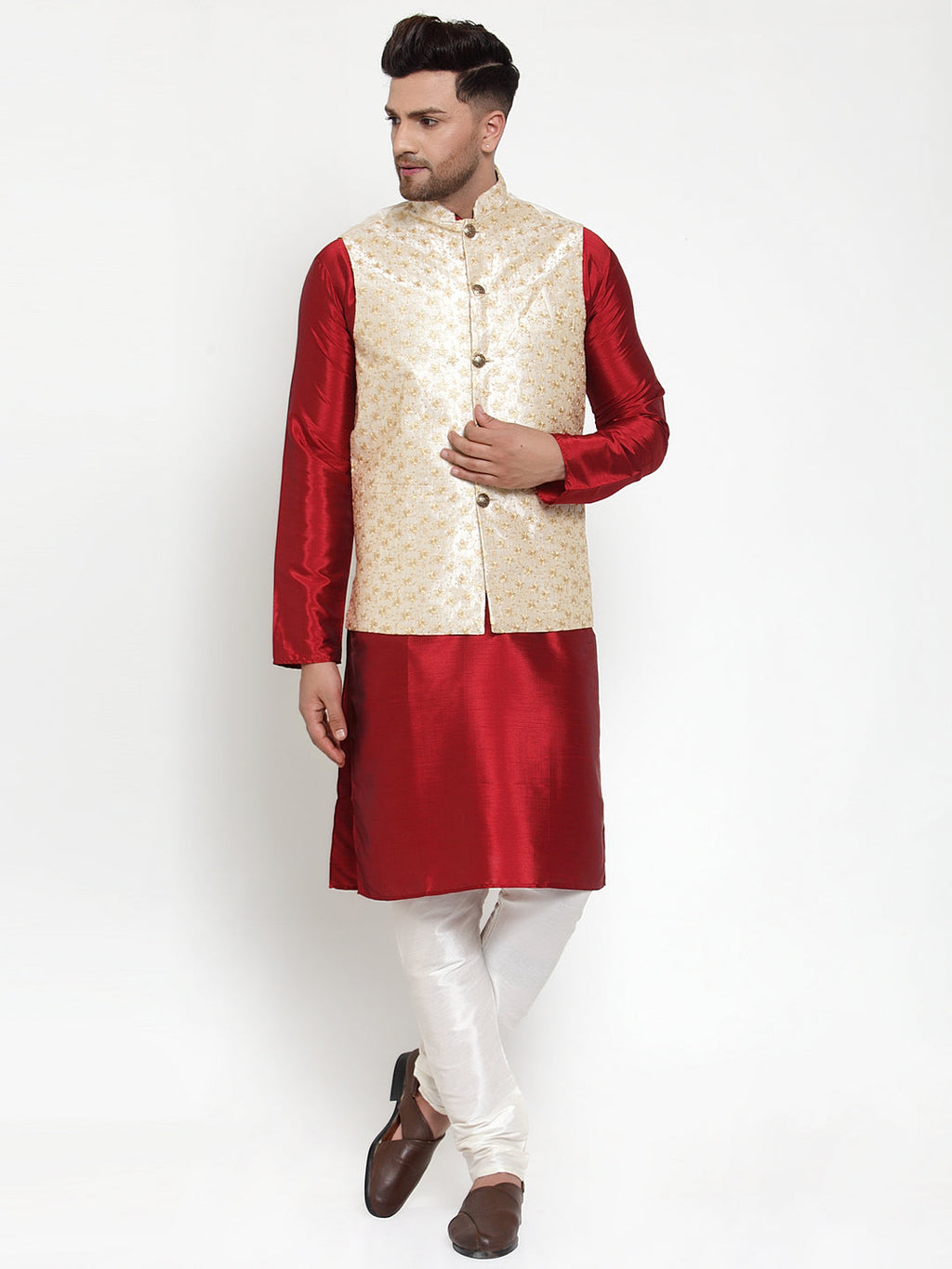 Jompers Men's Cream Embroidered Nehru Jacket