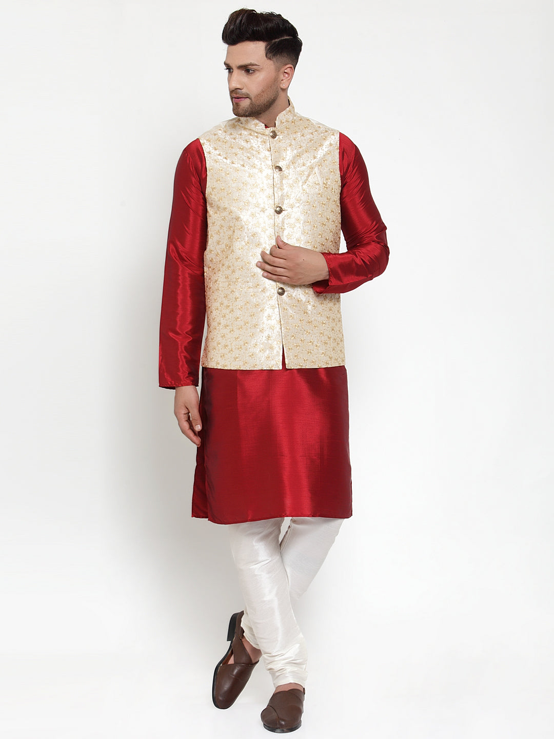 Jompers Men's Cream Embroidered Nehru Jacket