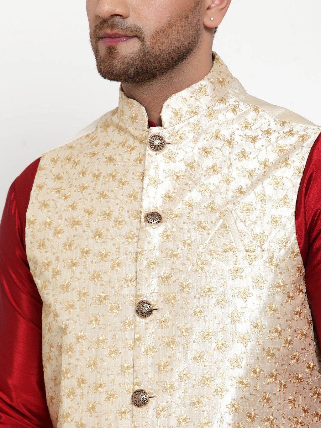 Jompers Men's Cream Embroidered Nehru Jacket