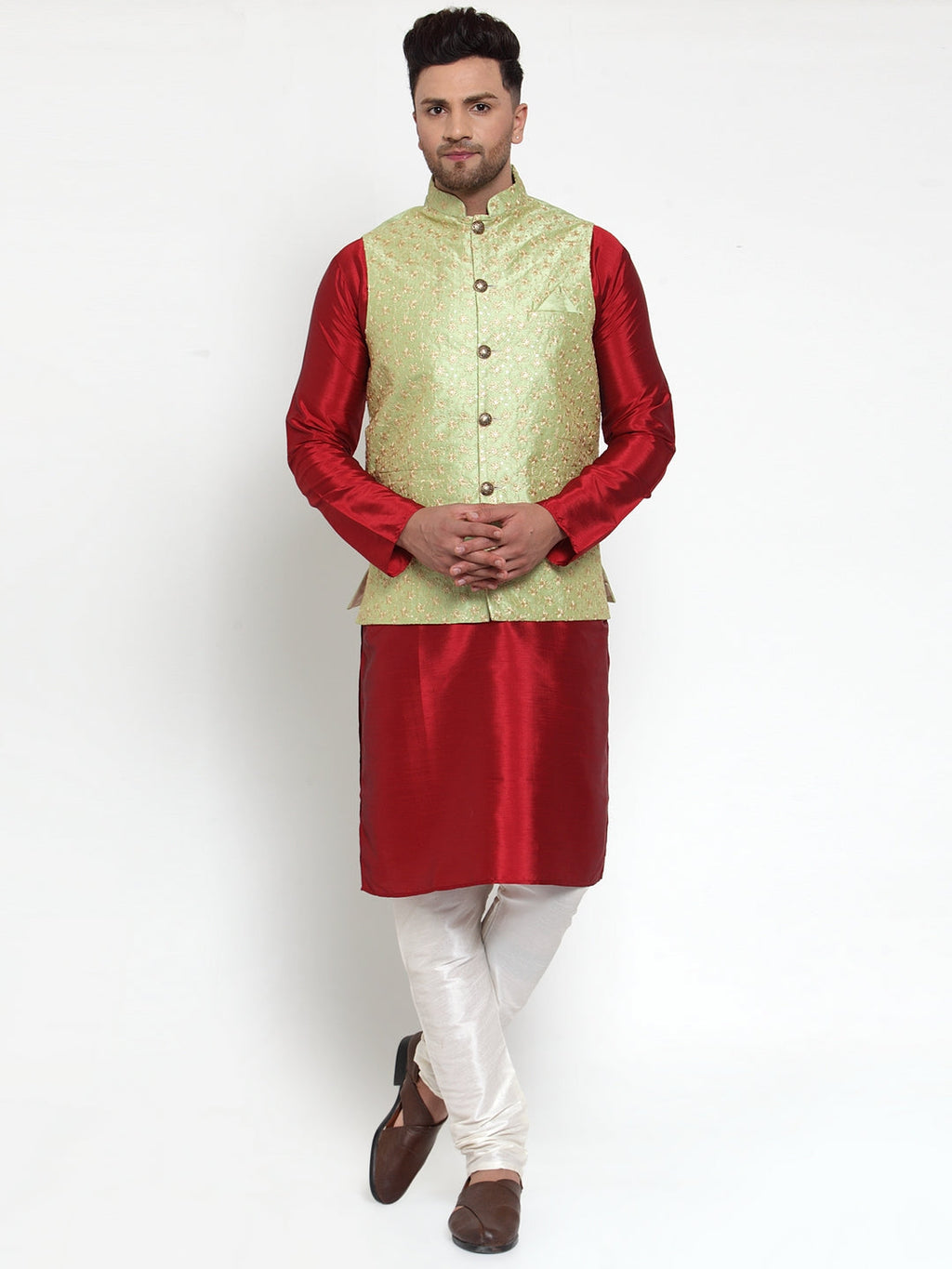Jompers Men's Beautiful Green Embroidered Nehru Jacket