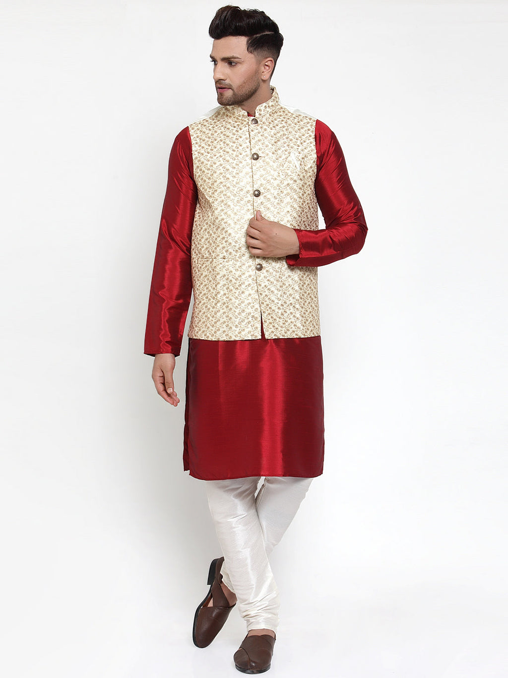 Jompers Men's Beautiful Cream Embroidered Nehru Jacket
