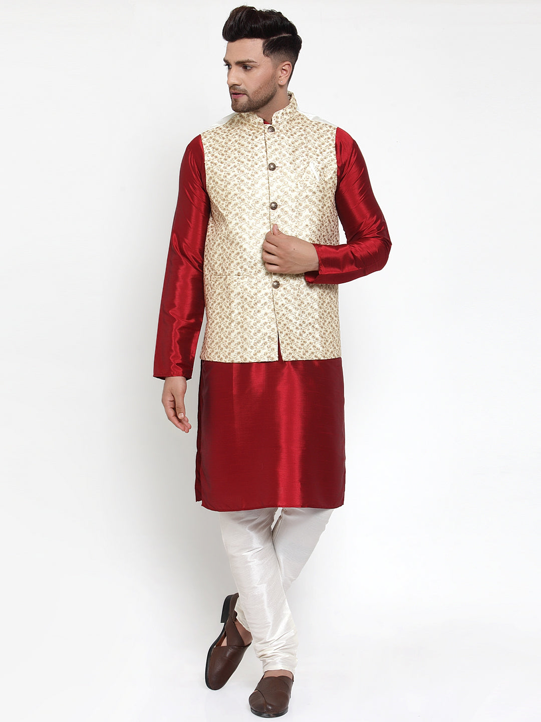 Jompers Men's Beautiful Cream Embroidered Nehru Jacket
