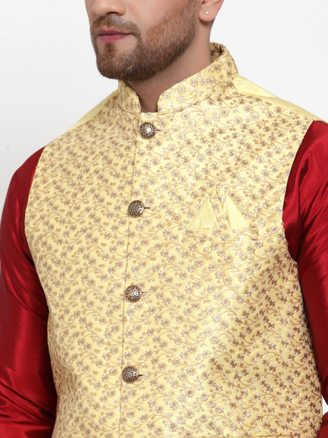 Jompers Men's Beautiful Yellow Embroidered Nehru Jacket