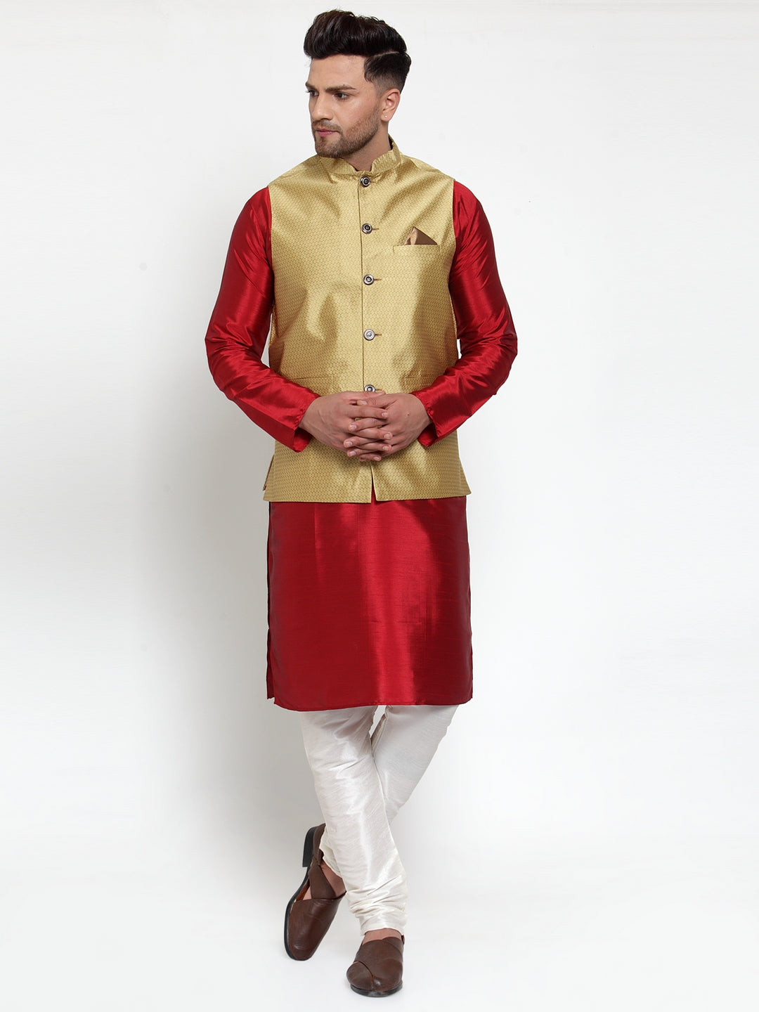 Jompers Men's Gold Woven Jacquard Nehru Jacket