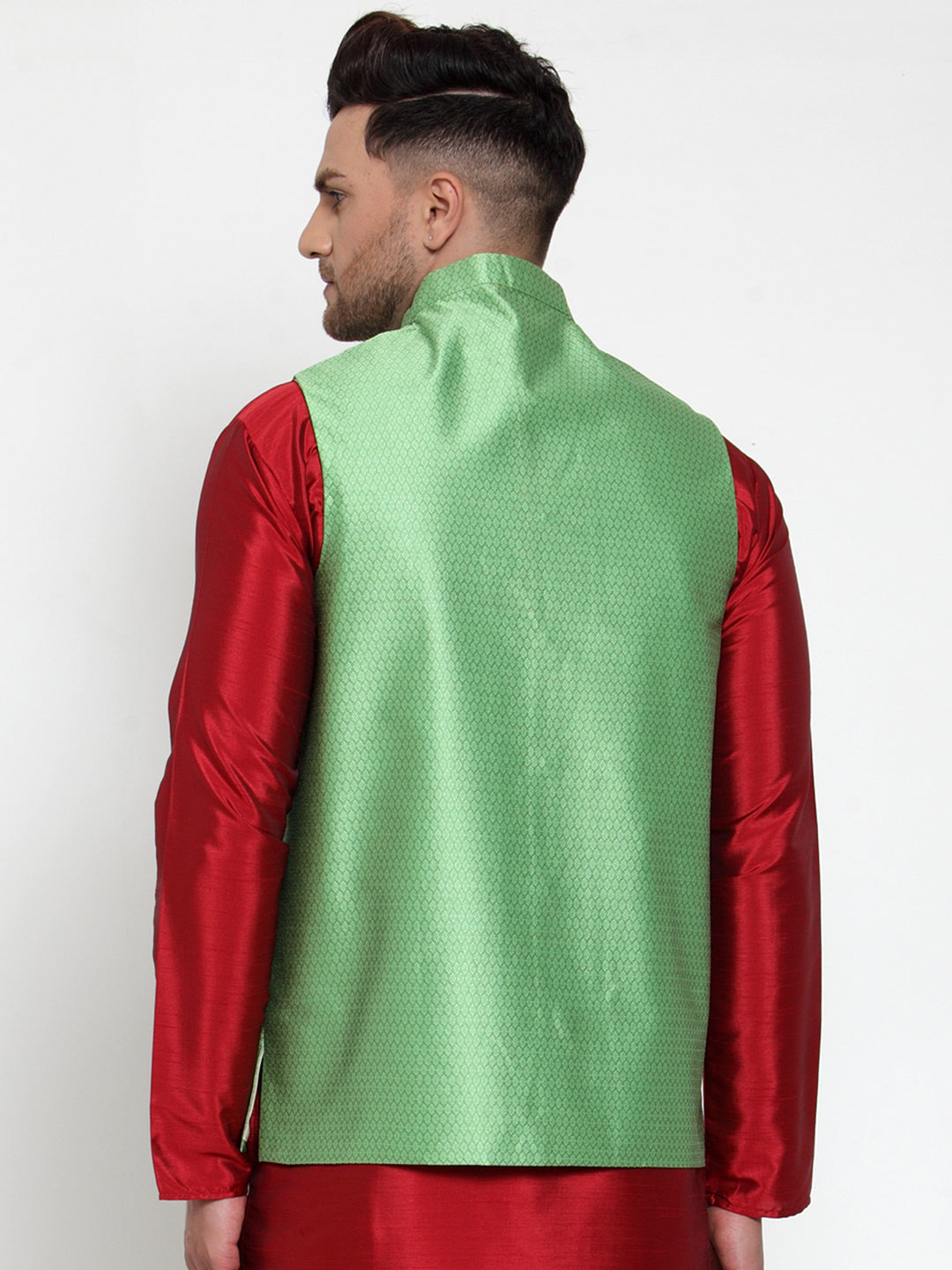Jompers Men's Green Woven Jacquard Nehru Jacket