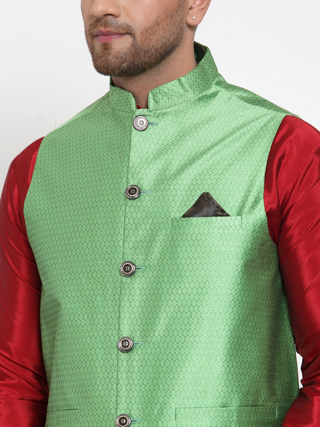 Jompers Men's Green Woven Jacquard Nehru Jacket