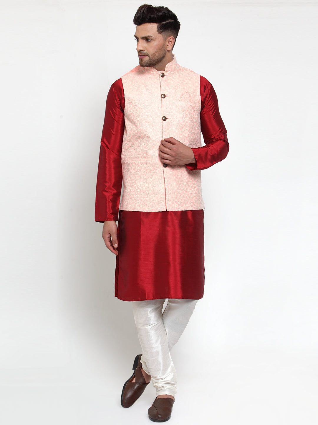 Jompers Men's Pink Embroidered Nehru Jacket