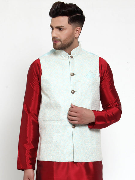 Jompers Men Blue Embroidered Nehru Jacket