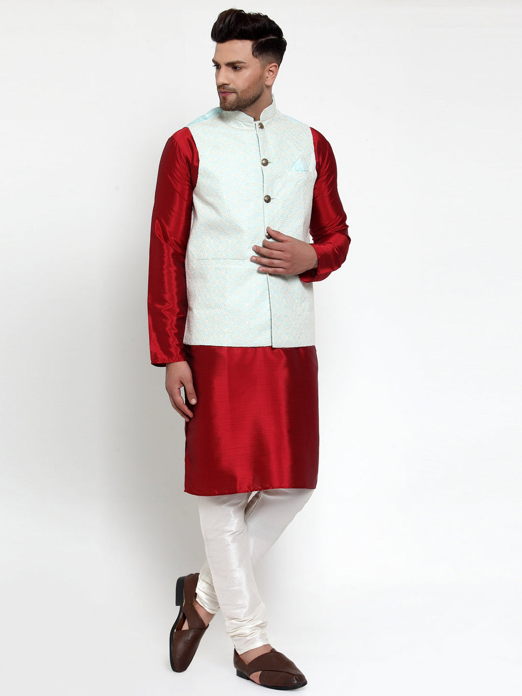 Jompers Blue Embroidered Nehru Jacket For Men