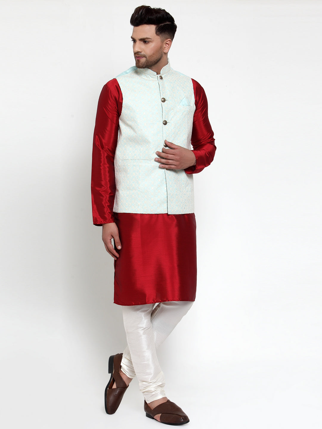 Jompers Blue Embroidered Nehru Jacket For Men
