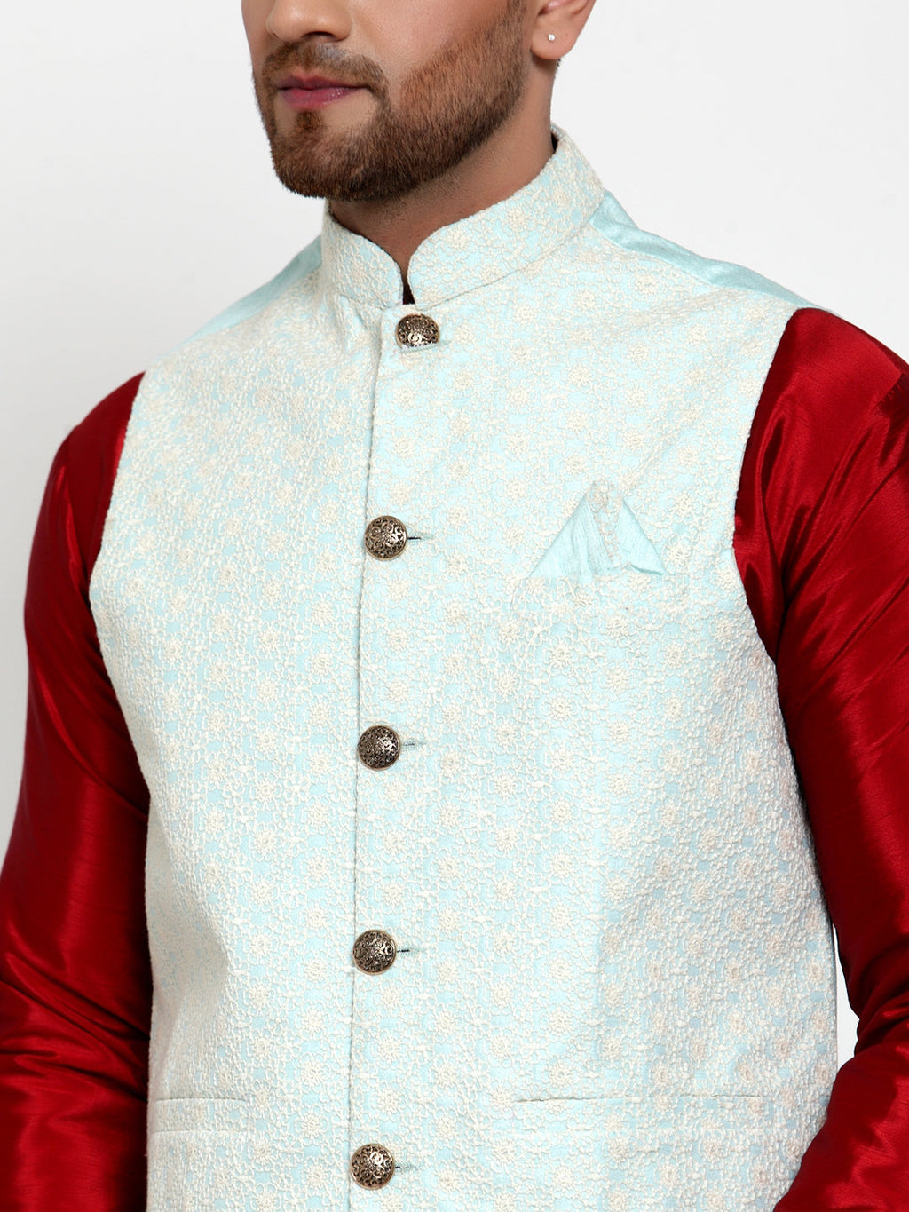 Jompers Blue Embroidered Nehru Jacket For Men