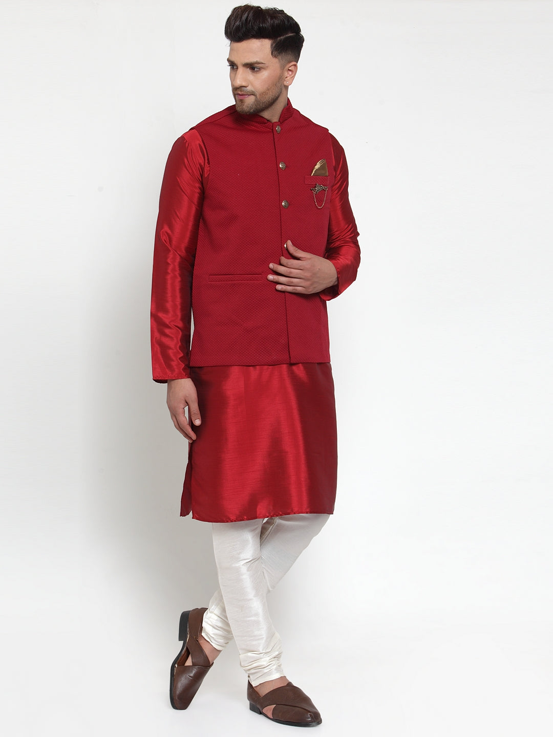 Jompers Men's Beautiful Maroon Woven Nehru Jacket