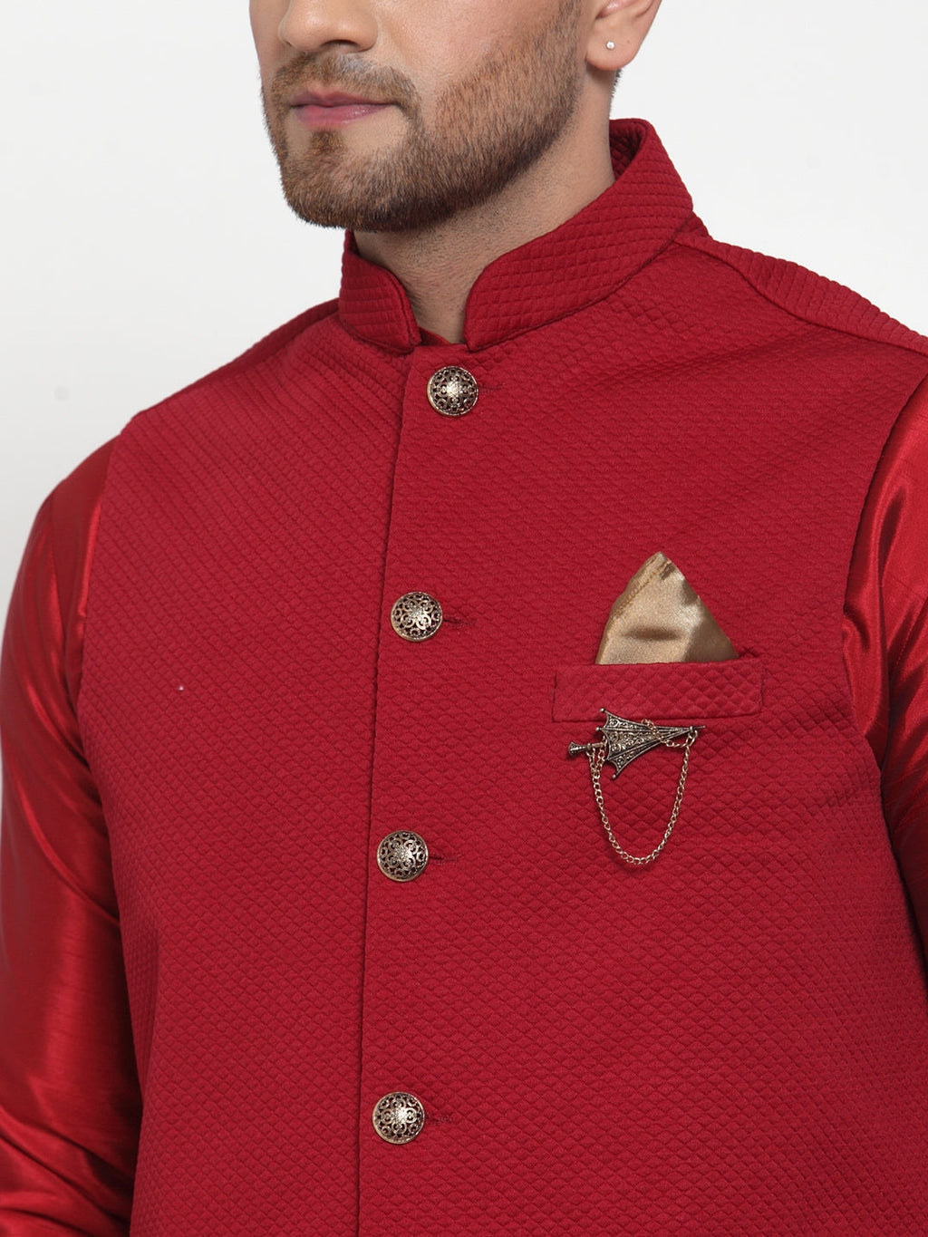 Jompers Men's Beautiful Maroon Woven Nehru Jacket