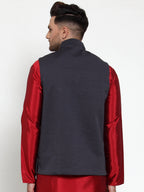 Jompers Men's Navy Woven Nehru Jacket