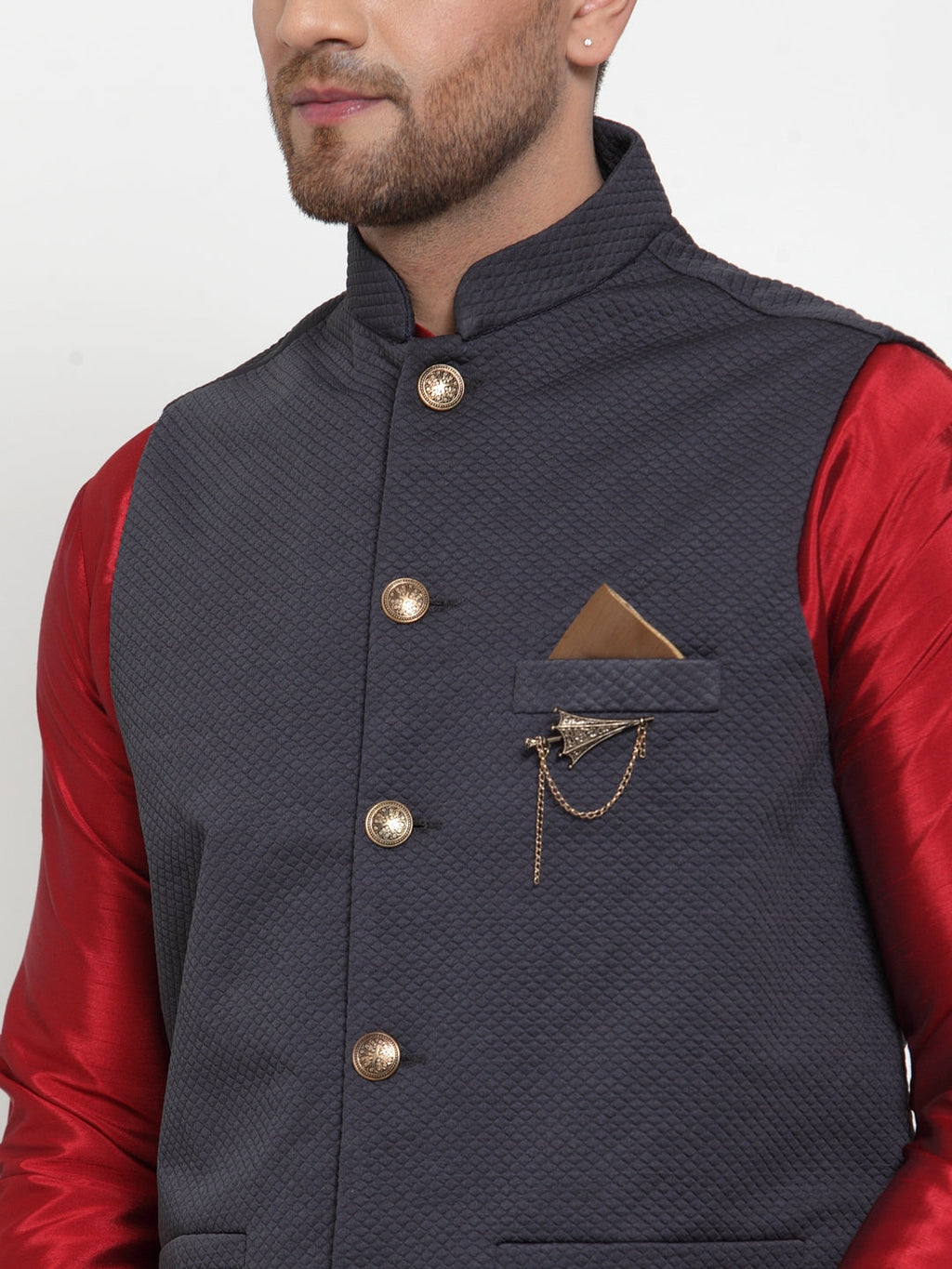 Jompers Men's Navy Woven Nehru Jacket