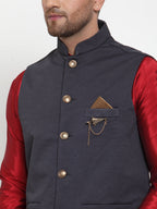 Jompers Men's Navy Woven Nehru Jacket